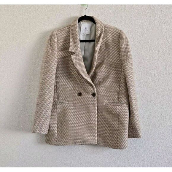 Anine Bing Fishbone Double Breasted Blazer Jacket Large Tan Cream Beige Wool XL - Picture 13 of 13